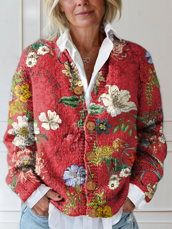 Vintage Blomstret Kunsttryk Knappet Cardigan