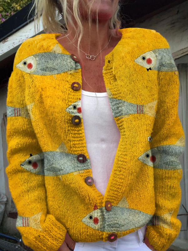 Vintage Fisk Sardiner Kunsttryk Knappet Cardigan