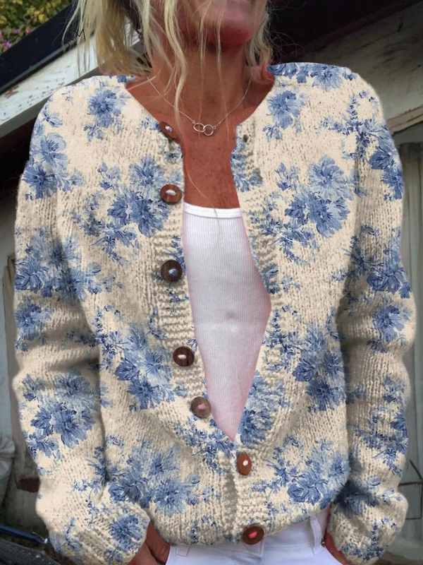 Blomster Kunst Print Knappet Cardigan