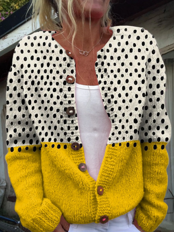 Gul Polka Prikker Print Knappet Cardigan