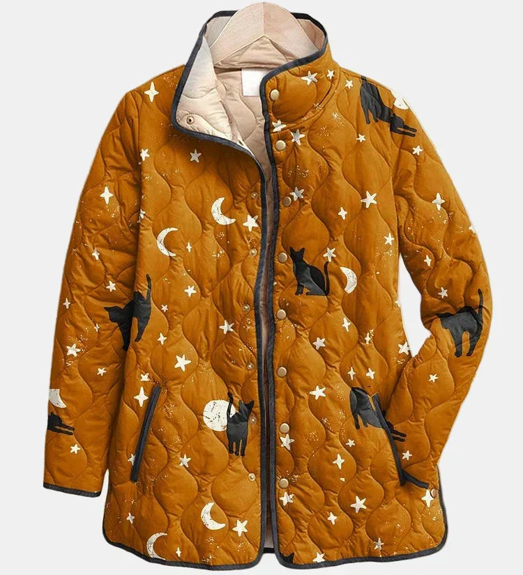 Eira | Casual Black Cat Halloween Print Quilted Jacket
