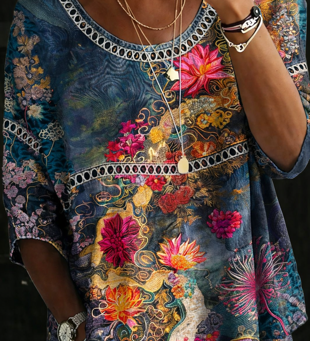 Ava | Vintage bluse i denim med blomstermønster