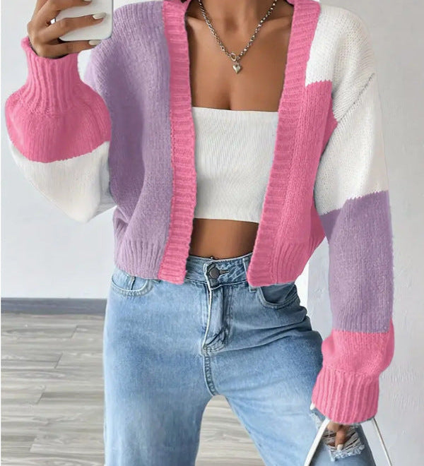 Kort colorblock-cardigan – Strikket cardigan med knapper