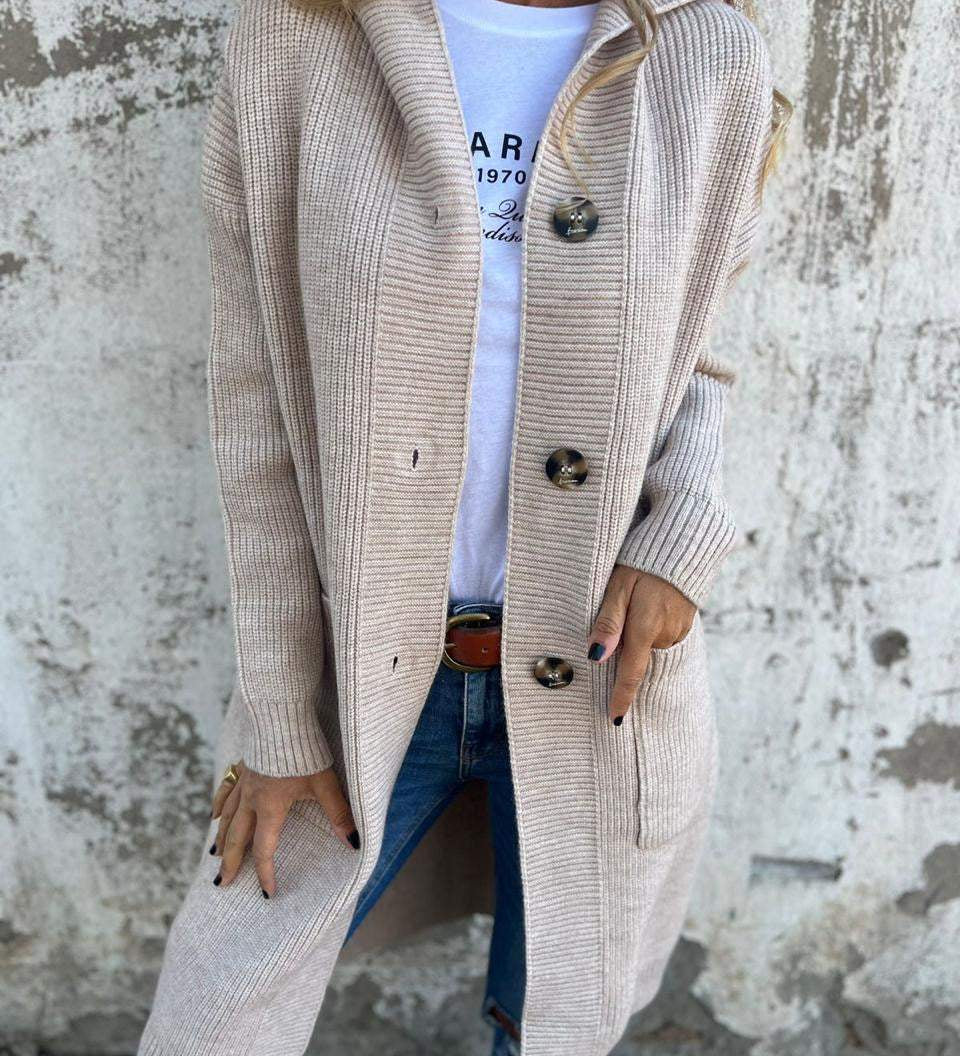 Lang strikket cardigan til kvinder med knapper