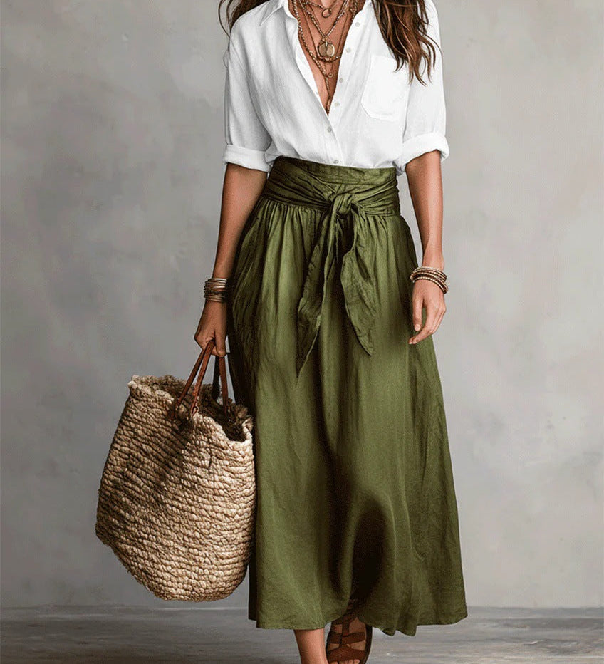 RIVER | Two-Piece Set: Black Top and Olive Green Midi Skirt