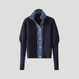 Marineblå strikket cardigan til kvinder med denimkant
