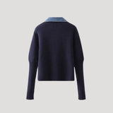Marineblå strikket cardigan til kvinder med denimkant