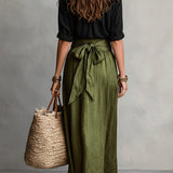 RIVER | Two-Piece Set: Black Top and Olive Green Midi Skirt