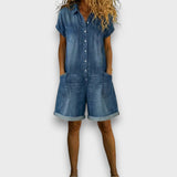 Georgina | Vintage Cotton Denim-Look Short Jumpsuit