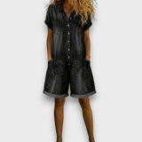 Georgina | Vintage Cotton Denim-Look Short Jumpsuit
